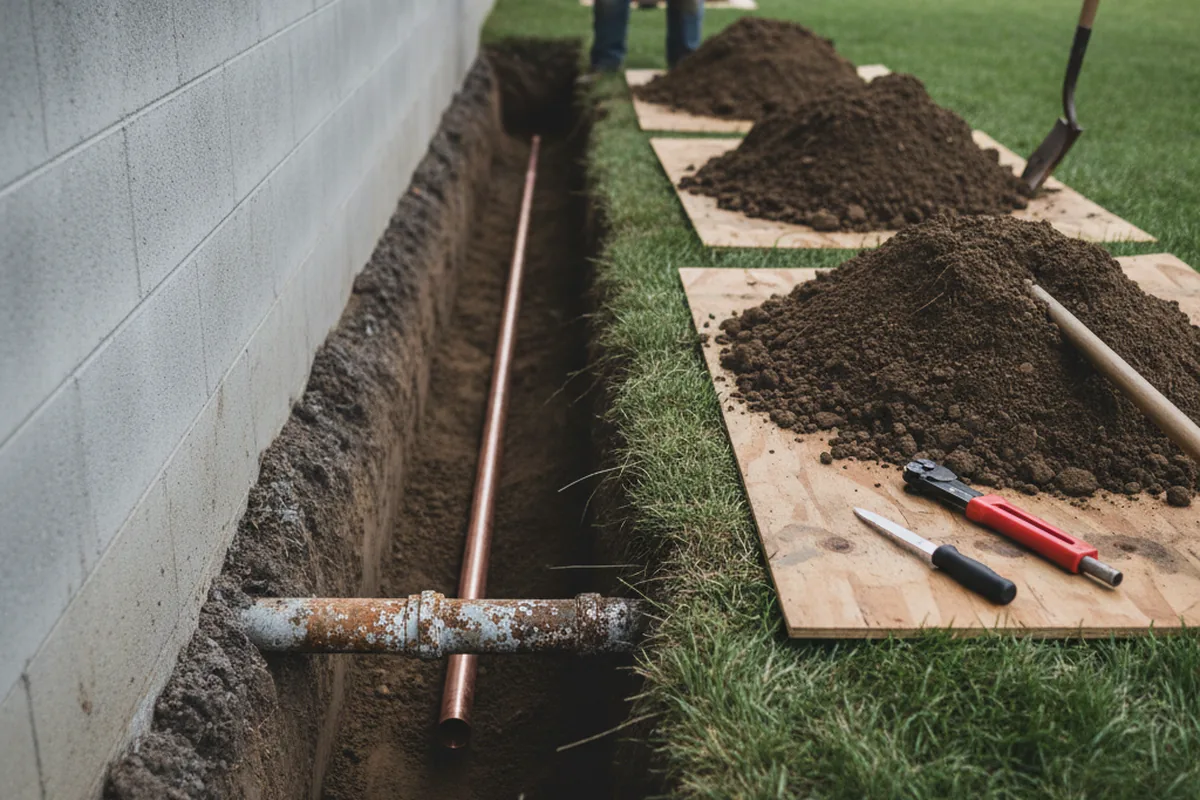 Excavated water line trench during Water Heater Repair in Basalt